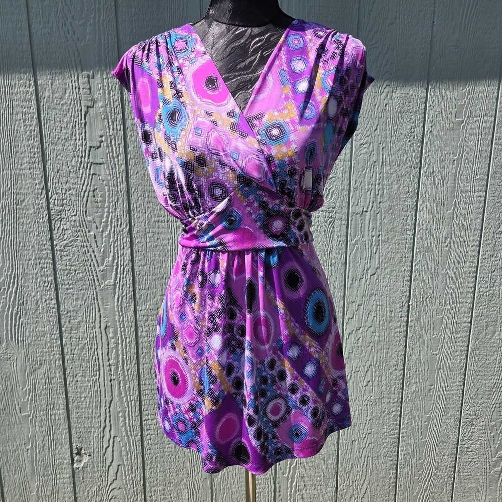 Y2K Womens M Purple Geometric Tie Back Sleeveless Top Artsy Chic Stretch Brand